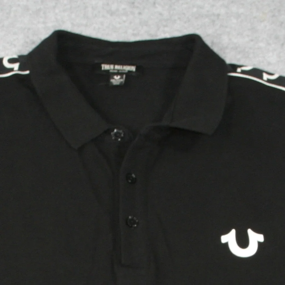 True Religion Mens LS Damask Polo Medium Black Logo Tape Long Sleeve Shirt